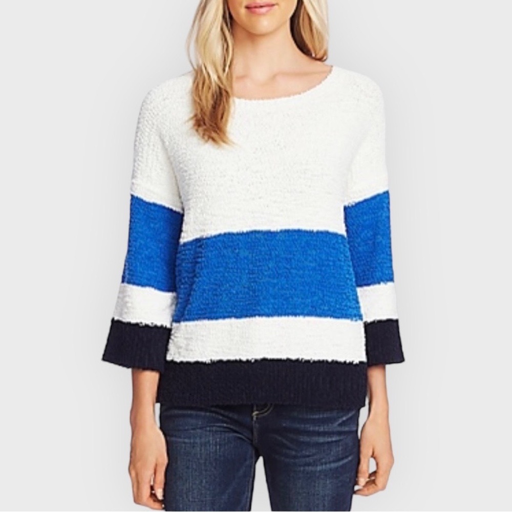 Vince Camuto Teddy Sweater Large White Blue Black Striped Pullover NWT